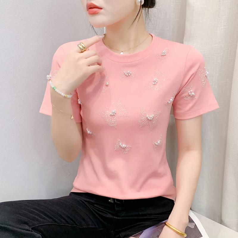 Summer New Fashion Women 100% Cotton Beading Butterfly Designer T-Shirts Short Sleeve Tees Casual Female Tops Shirts