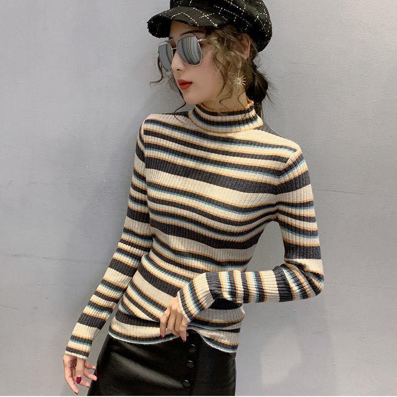 Herbst und Winter Koreanischer Halbhochkragen Farbblockierter gestreifter Strickpullover Slim Fit Pullover Pullover Damen Basispullover