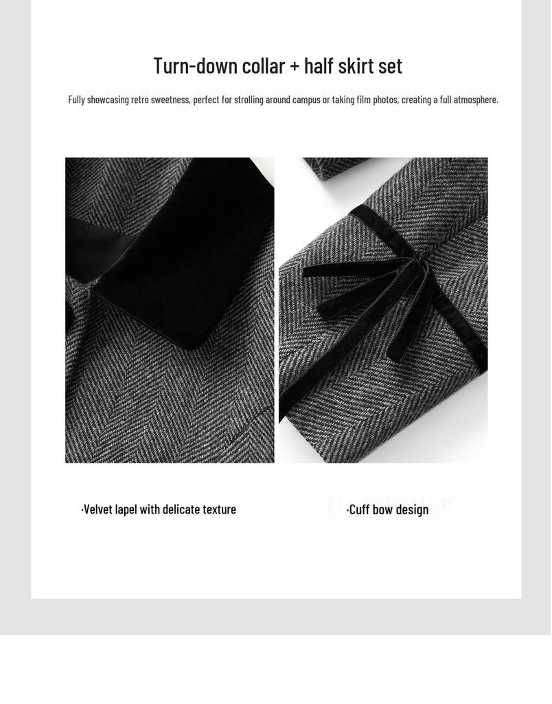 French Grey Lapel Top & Pleated Skirt Suit - New College Style Series