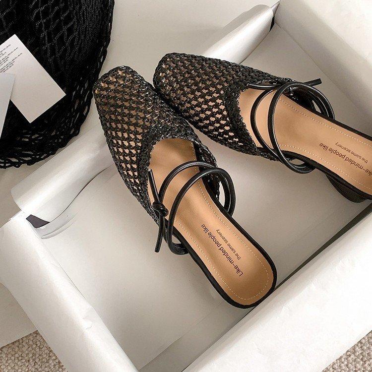 Fashion Vintage Woven 1 Slip-on Toe Half Slippers Women's New Outwear French Fairy Style Thick Heel Holiday Shoes