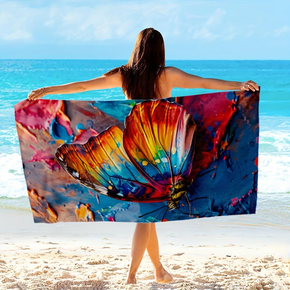 Colorful Butterfly Beach Towel, Oil Painting Style Butterfly Print Oversized Bath Towel, Dry Artistic Summer Beach Blanket