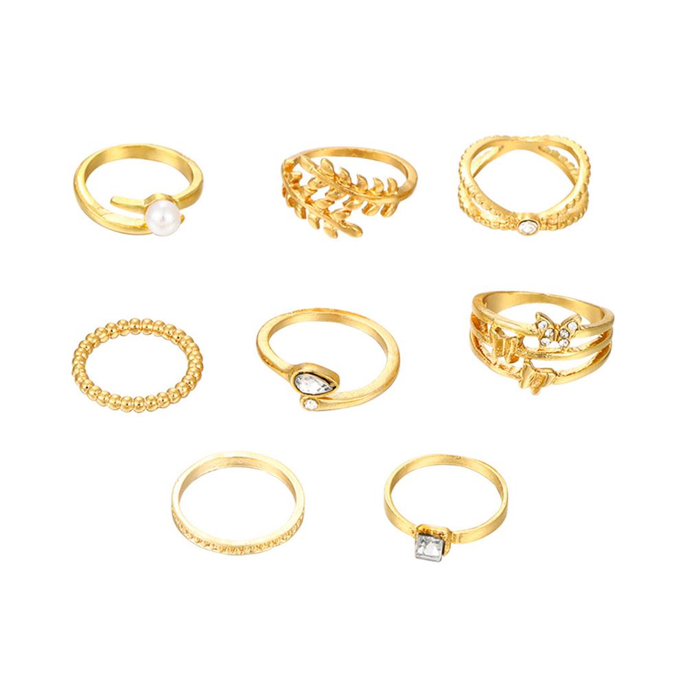 8pcs/set Gold Star Leaf Pearl Rings Personalized Fashionable Rings Set Alloy Rings Women Jewelry Accessories