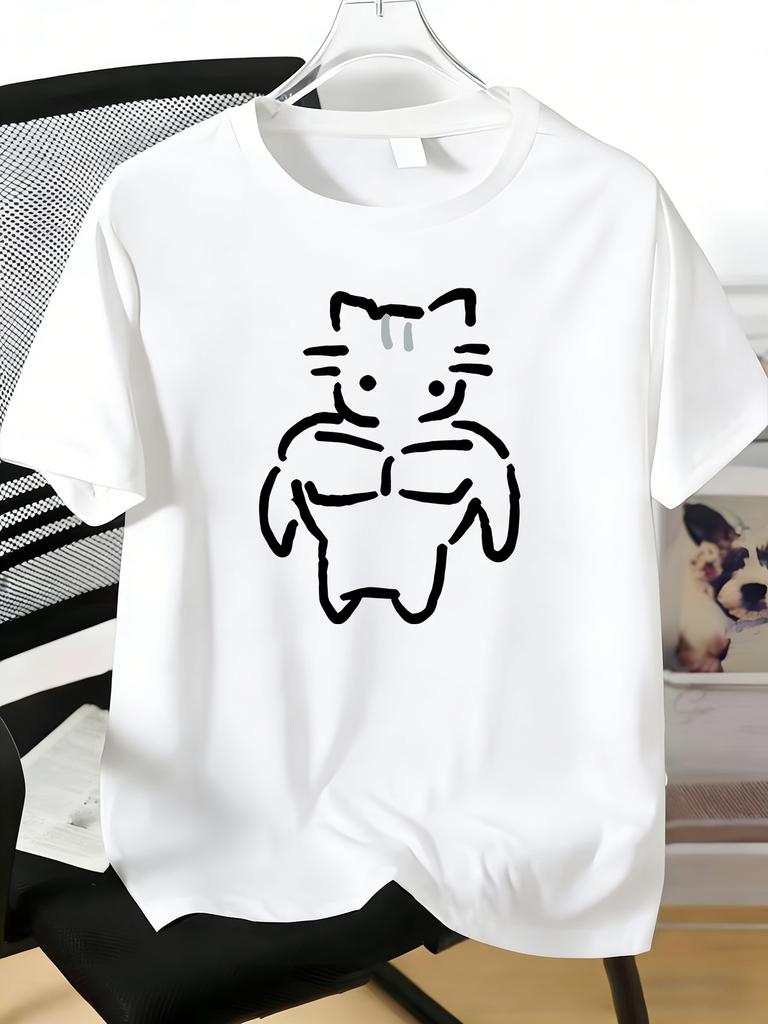 Male Navy Crew Neck Tee Funny Muscular Cat Line Art Print Light Short Sleeve Daily Street Casual Top For Gym And Pet Loving Guys