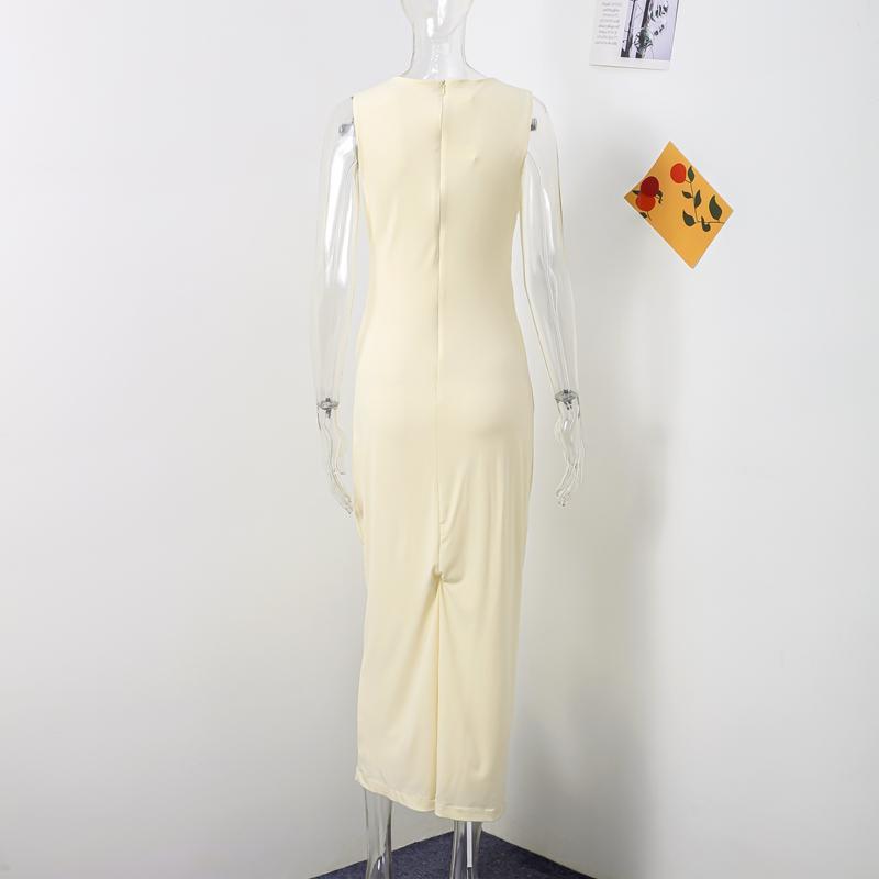 Fashion Sexy Hollow Out Strapless Solid Shell Button Long Dress Women Sleeveless Round Neck Bodycon Evening Party Dress