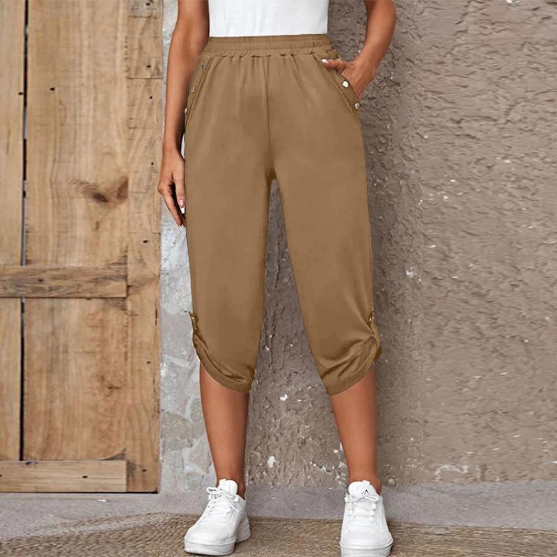 Women's Cropped Trousers with Pockets and Elastic Waist, Summer Buttons