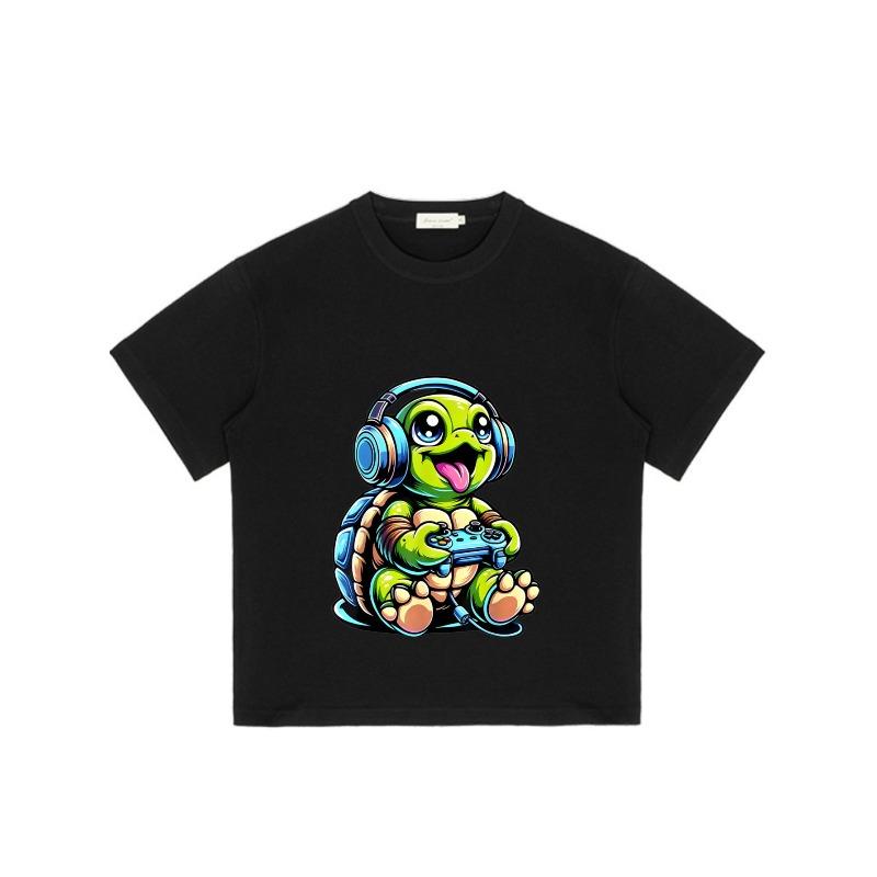 Crewneck T Shirt Black Turtle Gamer with Headphones and Controller Print for Casual Wear and Gaming Events