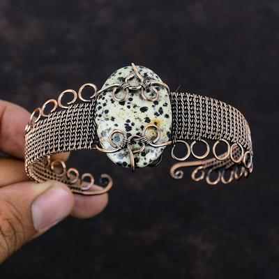 Dalmatian Jasper Bangle Copper Wire Wrapped Gemstone Cuff Bracelet Adjustable Bangle Copper Wire Wrap Jewelry Handmade Bracelet Gift For Her