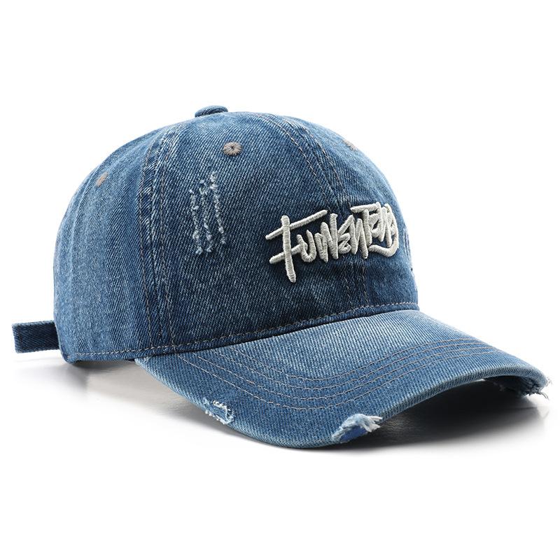 Retro washed denim baseball cap with letter embroidery, suitable for outdoor activities, travel, and sun protection