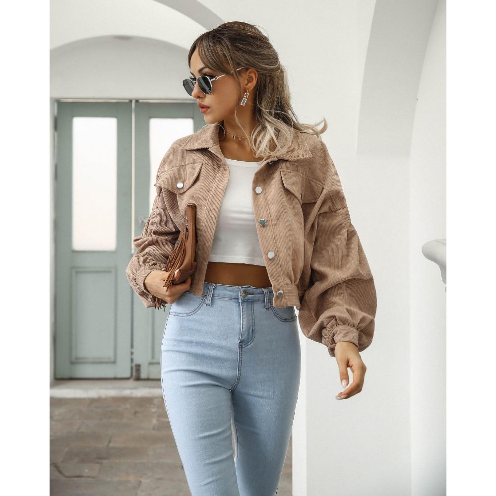 

Осінній жіночий укорочений піджак з рукавом-ліхтариком, одноколірне однобортне верхнє пальто, вінтажне вельветове пальто XL хакі