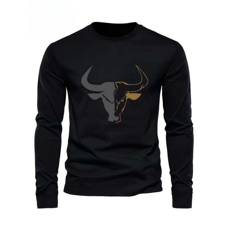 Men's Loose Fit Plus Size Comfortable Casual Sports Bull Pattern Printed Round Neck Long Sleeved T-shirt Top
