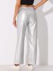 Allegra K Punk Pants, High-Waisted, Straight-Leg, Casual, PU Faux Leather, Retro, Shiny, Women's, Silver, Size S
