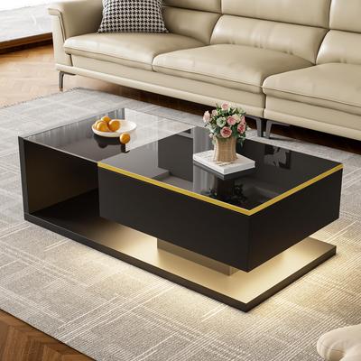 Coffee Table, Side Table with Glass and LED Effect, Practical Storage Space, Modern Living Room Furniture