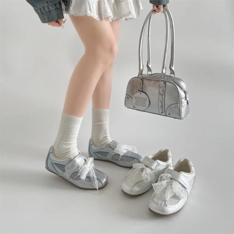 Fashion Women Casual Shoes Silver Retro Ballet Style Velcro German Training Shoes Women New Versatile Lightweight Soft Soled Board Shoes