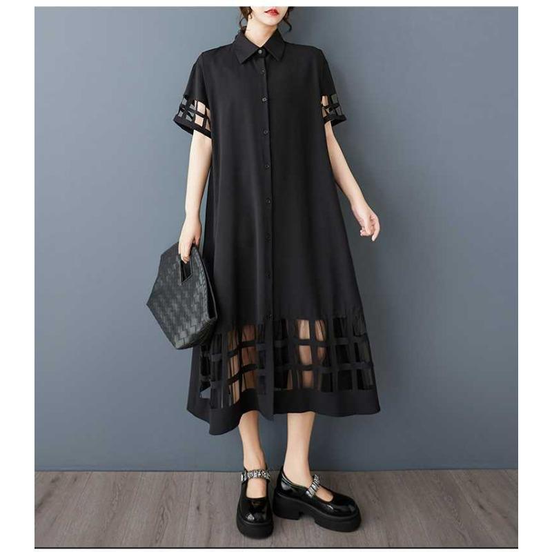 Spring and Summer New Loose Large Size Mesh Splicing Casual Simple Sweet Short-sleeved Shirt Dress