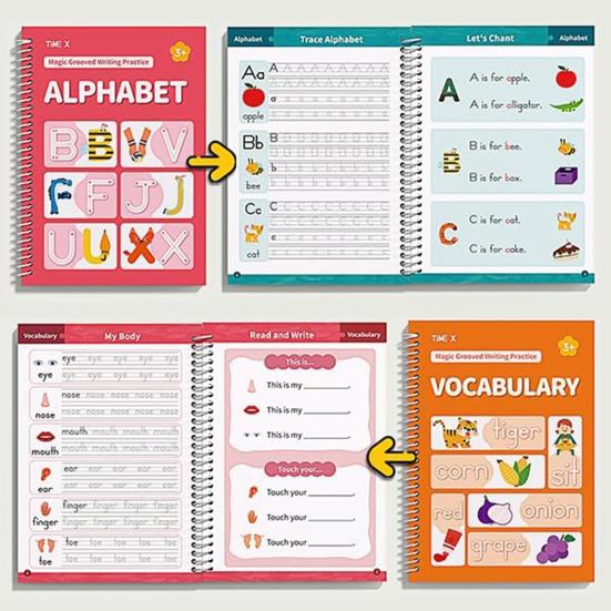 Grooved Writing Practice Book with Pens Refills Pencil Gripper Reusable Kids Handwriting Practice Workbooks Alphabet Tracing Learning Book