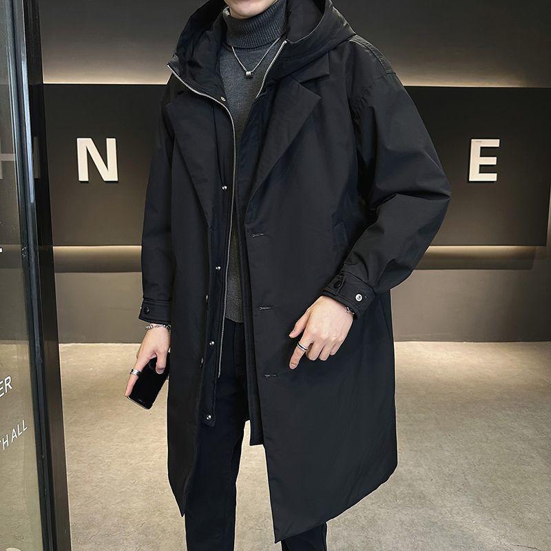 

Мужской пуховик 2025: Двухкомпонентный стиль с капюшоном, Ветровка средней длины, Новое корейское зимнее теплое пальто L 125-150 lbs чёрный