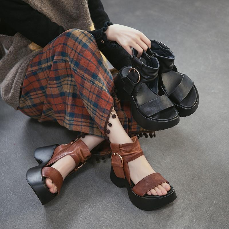 Johnature Thick Soled Sandals Genuine Leather Side Zipper Height Increasing Women's Platform Shoes