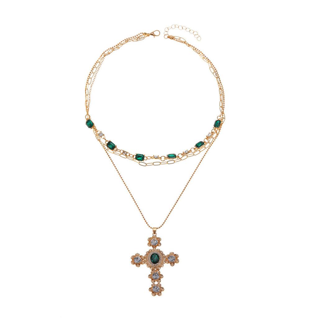 Cross Pendant Necklace Women Vintage Geometric Alloy Multilayer Chain Accessory For Summer