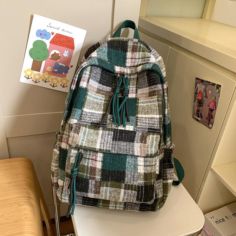 Autumn And Winter Retro Woolen Plaid Schoolbag College Style Junior High School Girls High Value Backpack