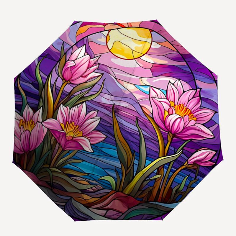 

1pc Floral Sunset Automatic Open/close Umbrella, 8-Rib sturdy structure, Auto Folding/Opening, Portable Travel Umbrella for Women, Parties016