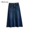Elegant Fashion Autumn Spring Women A-Line Midi Skirt High Waist Dark Blue Tassel Skirt Office Lady Plus Size Feminine Skirt