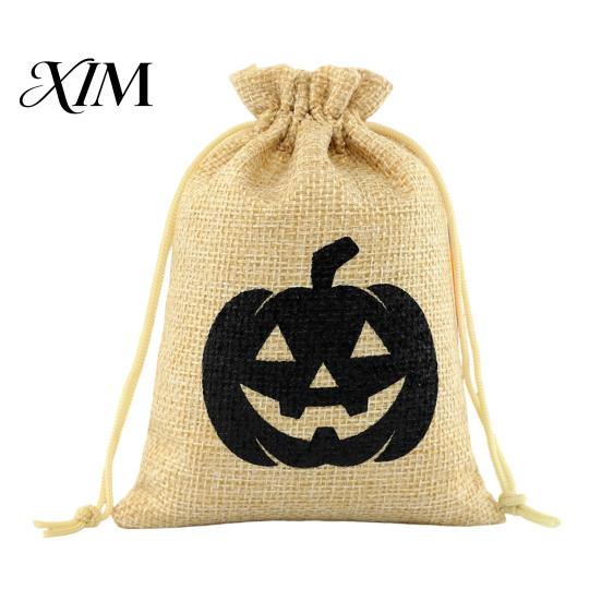 Natural Jute Gift Packaging Halloween Burlap Treat Bags, Pumpkin Ghost Bat Spider Witch Print Drawstring Party Favors Candy Pouches for Cookies Snacks