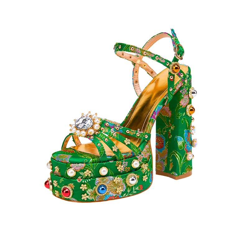

Модные женские новые летние сандалии Водонепроницаемая платформа Толстая подошва Водяной бриллиант Жемчужная заклепка Цветок Сатин Открытый носок Высокий каблук Большой 245 зелёный
