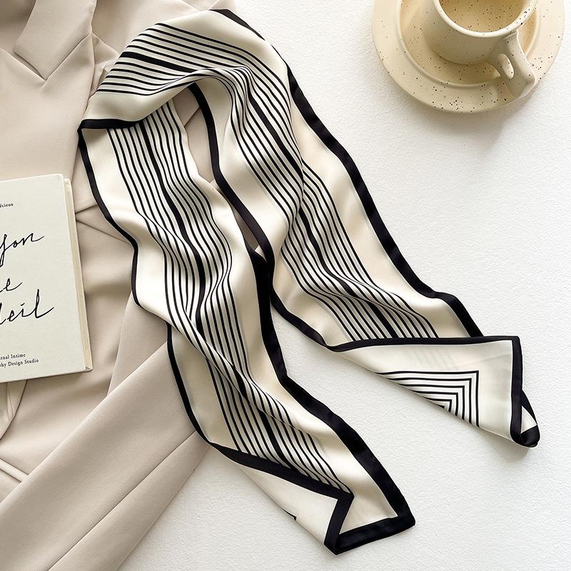 

Длинный шелковый шарф в полоску для офисных леди с повязкой на волосы чёрный/бежевый