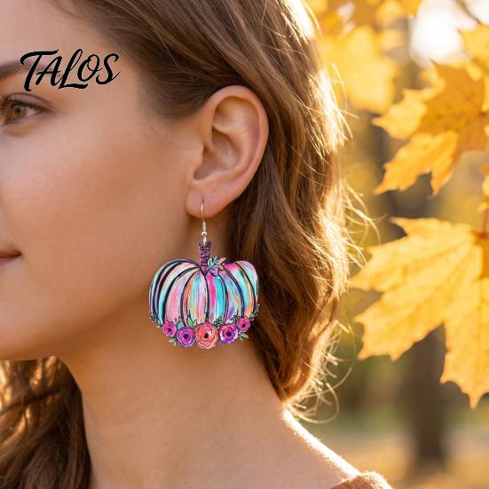 Autumn Seasonal Fashion Jewelry 1 Pair Fall Pumpkin Earrings, Acrylic Leopard Print Dangle Holiday Gifts for Women Drop Statement Thanksgiving