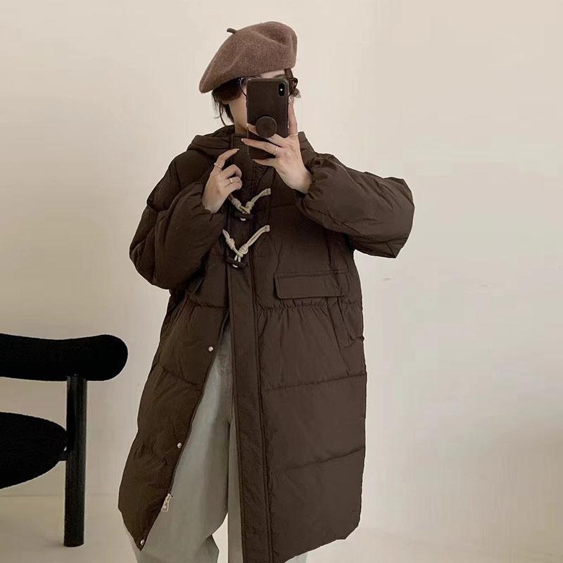 Hooded long down jacket women's 2024 winter fashion sweet design sense wooden barrel buckle thickened knee thin jacket