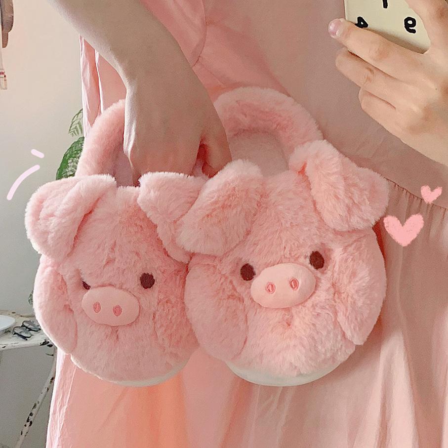 Rosa Schwein Baumwollpantoffeln Damen Winter Warm Anti-Rutsch Niedlich Cartoon Weicher Plüsch Indoor Flauschiger Pantoffel für Mädchen Haus Boden Schuhe