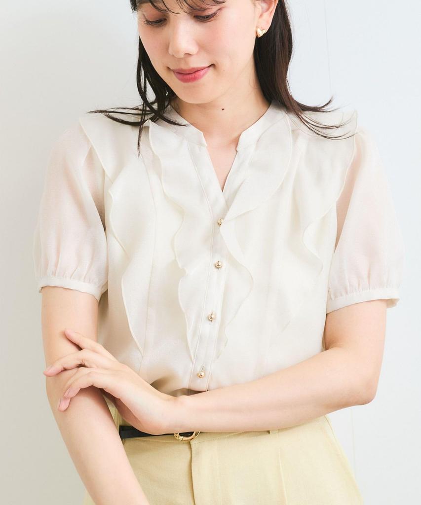 Blusa Transparente con Volantes de Manga Corta para Mujer Natural [BIS] [Lavable], (dieciséis)