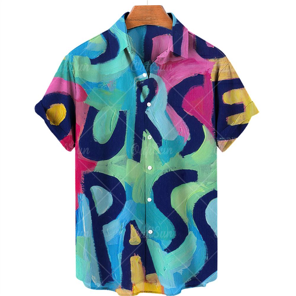 Summer 3d Graffiti Oil Painting Printed Shirt Men Fashion Streetwear Hawaiian Beach Casual Lapel Men's Short Sleeved Shirt
