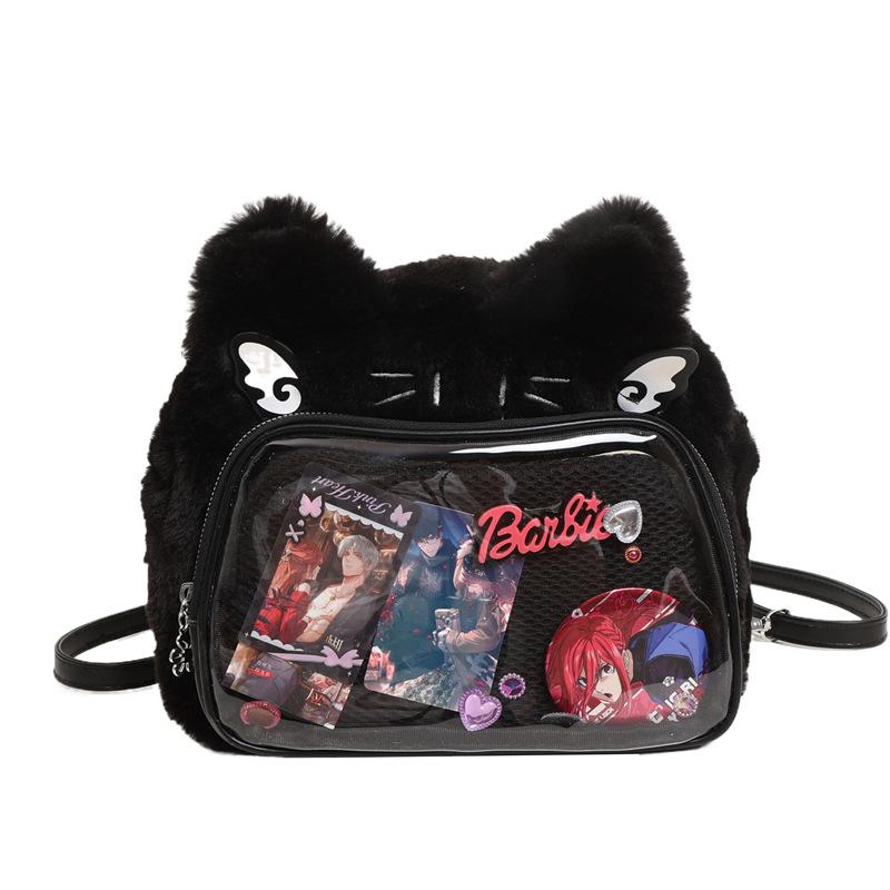 

Original cute cat plush pain bag double shoulder student party daily versatile messenger bag two-dimensional soft cute cat bag чёрный