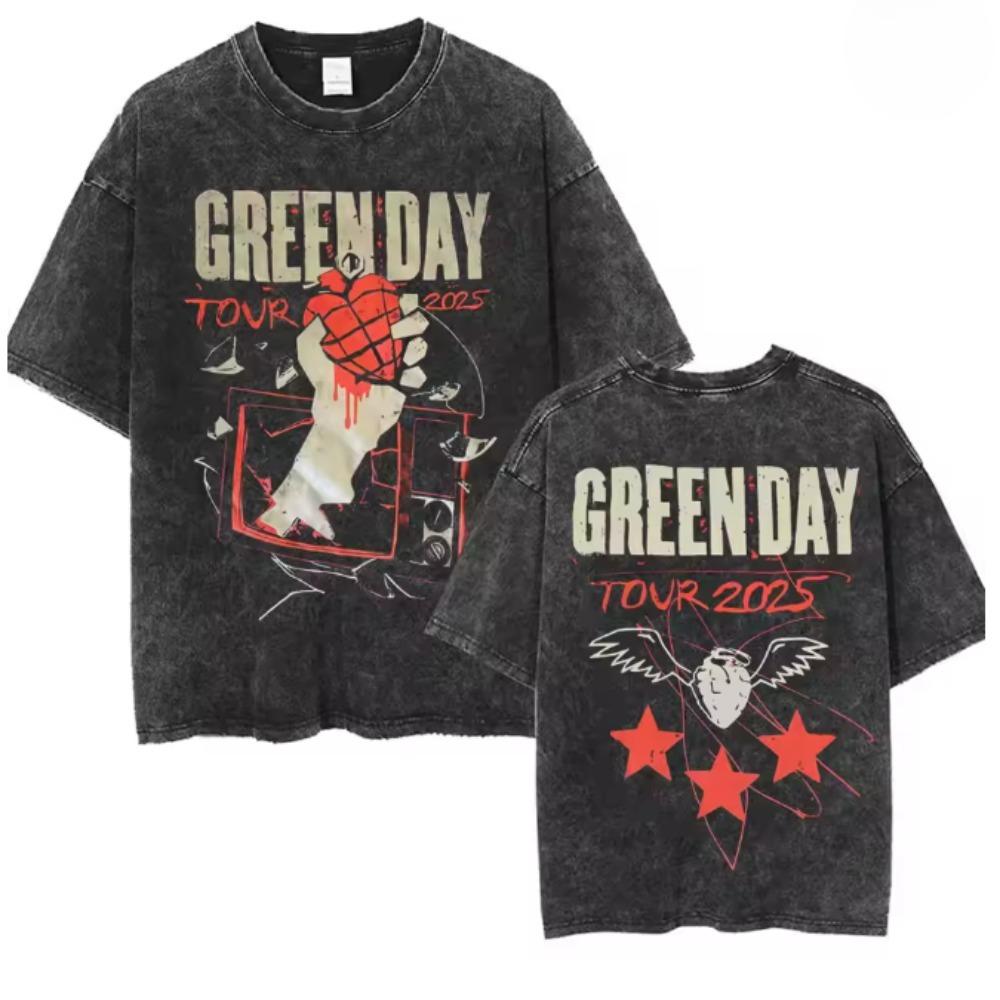 Rock Band Green Day Tour 2026 T Shirt Fashion Rock Vintage Washed Tshirt Men Women Clothing Casual Short Sleeve Tshirts