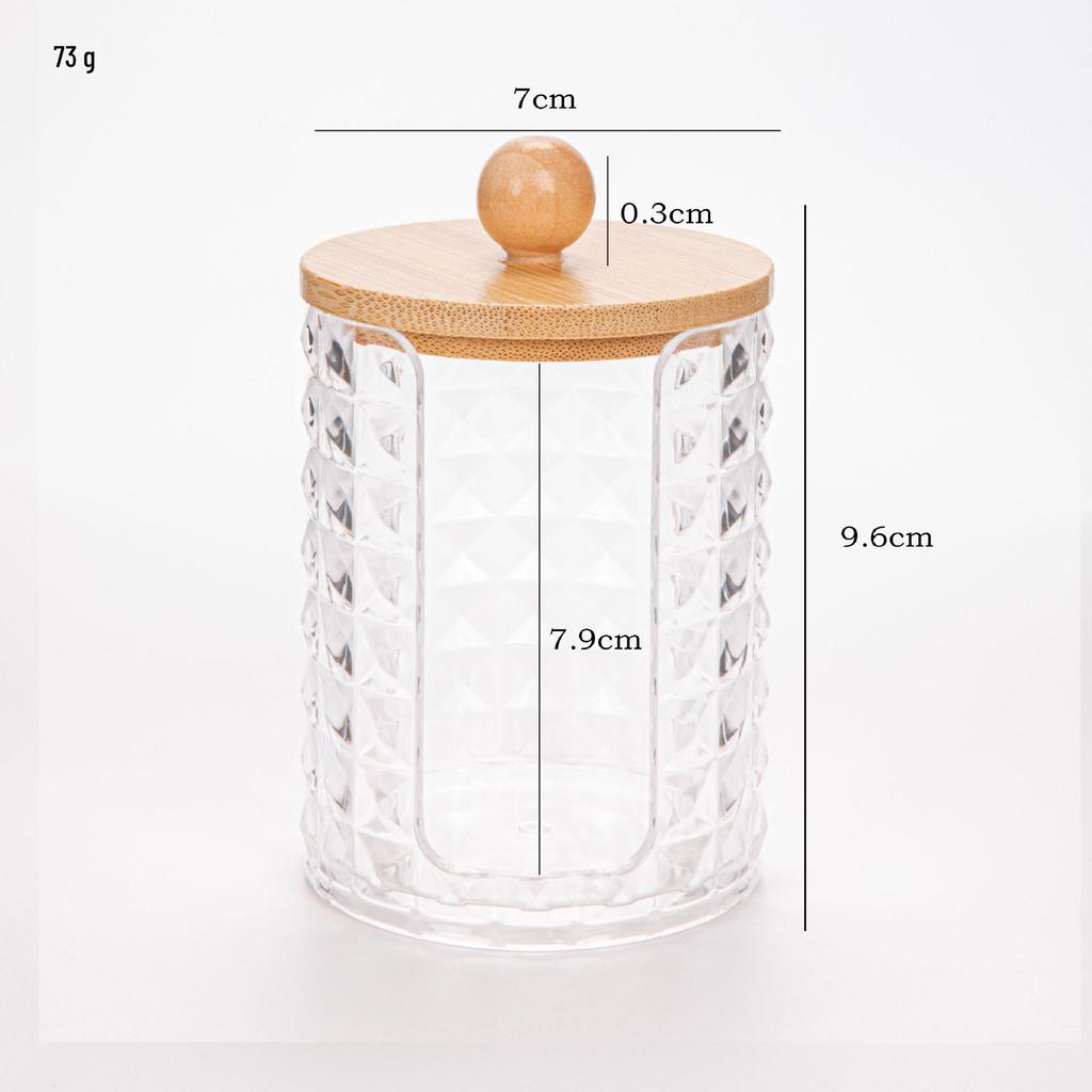 Suport transparent pentru bețișoare de bumbac cu model de diamant - capac din bambus, cutie rotundă portabilă pentru depozitarea cosmeticelor
