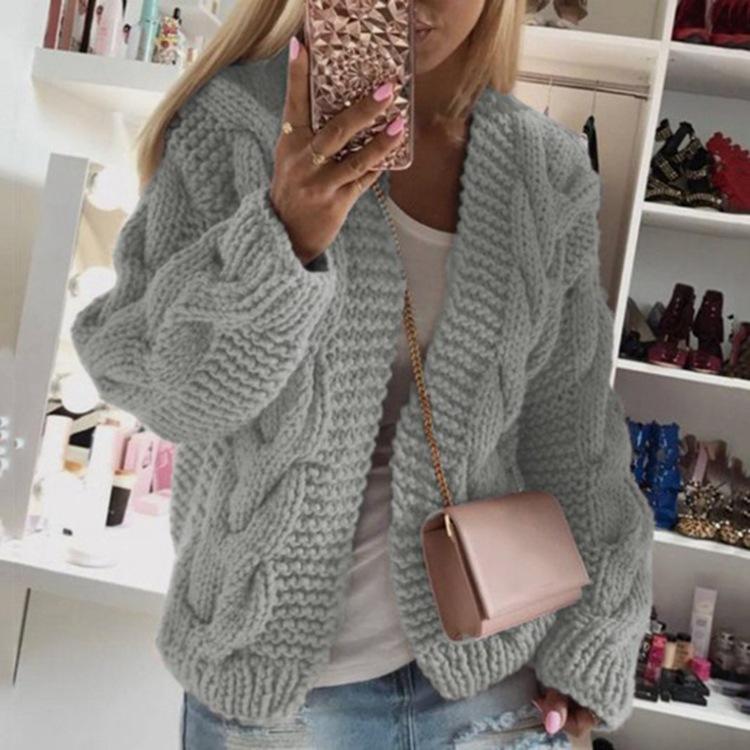 2026 Autumn/Winter Bestseller: Women's Cable Knit Hat Cardigan, European & American Style Chunky Sweater, Solid Color