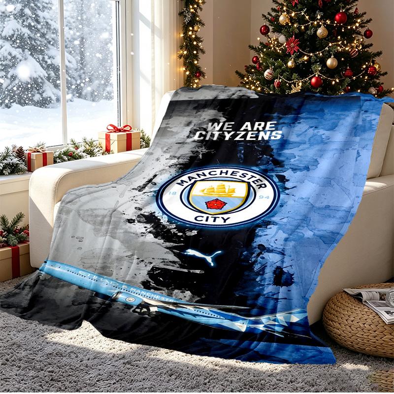 Manchester City FC Pattern Blanket for Home Decoration, Bed, Sofa, Car Travel, Camping, Suitable for All Seasons, Birthday Christmas Gift