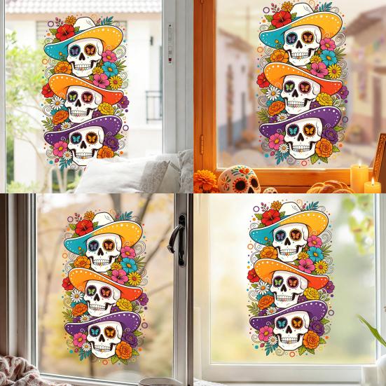 Fall Theme Wall Stickers Skeleton Undead Static Sticker, Waterproof PVC Decorative Decals, Durable Seasonal Window Art for Parties Film Autumn
