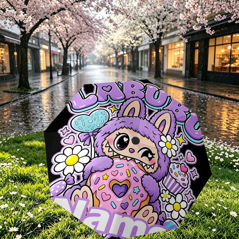 Custom Name Personalized Labubu Print Umbrella, Auto Open Close, 8‑Rib Sturdy Frame, Commute Camping Hiking Use, Birthday Gift