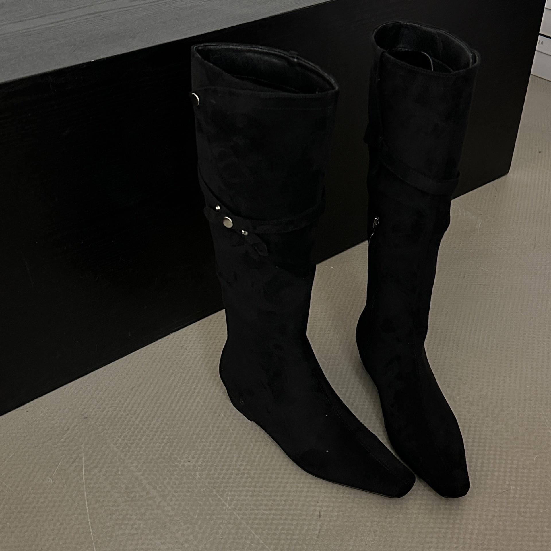 

Side zipper inner heightening rivet belt buckle fashionable suede brown square head flat bottom tall tube 25 new long women s boots 39