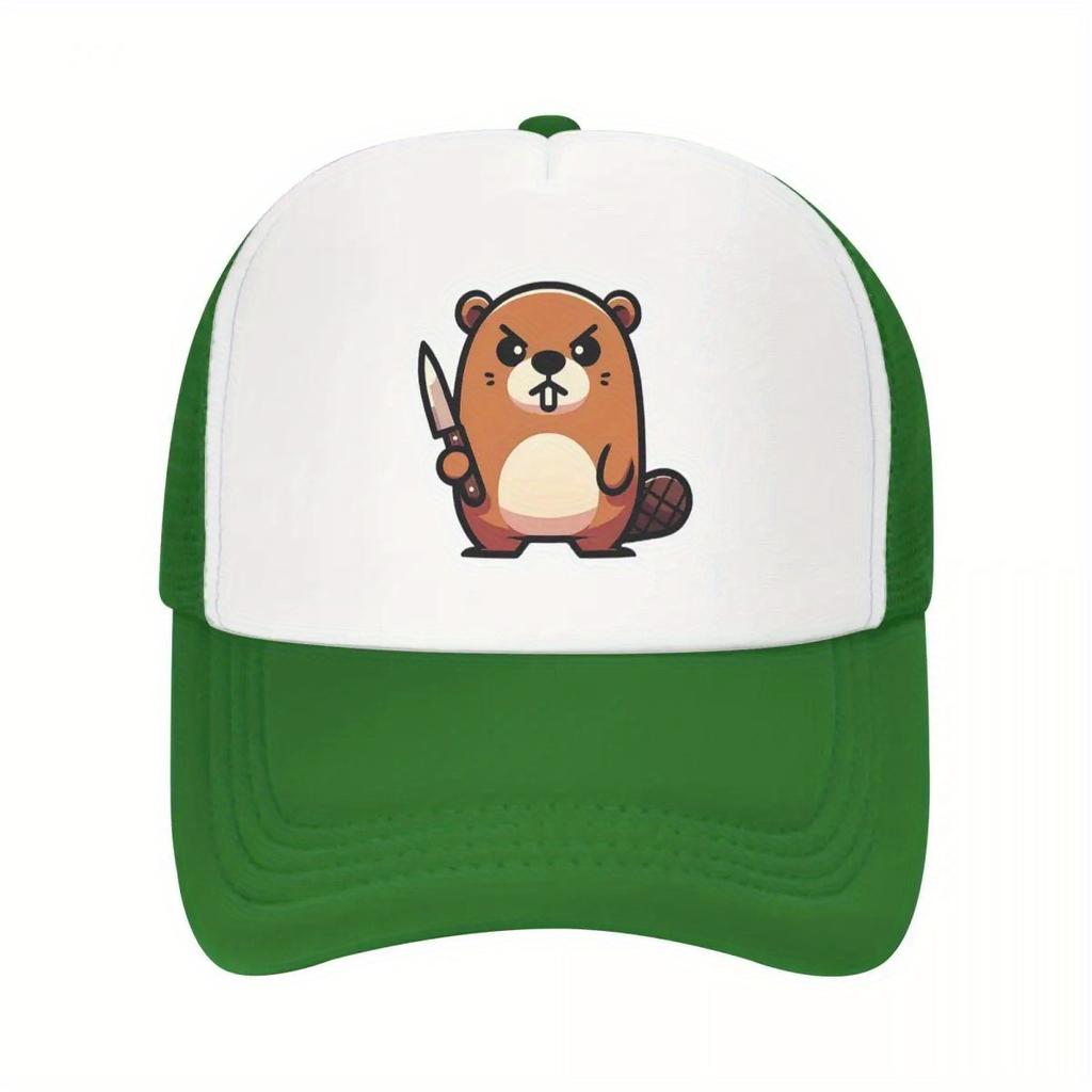 Angry Beaver With Knife Graphic Trucker Cap Polyester Mesh Baseball Hat Adjustable Casual Unisex Headwear