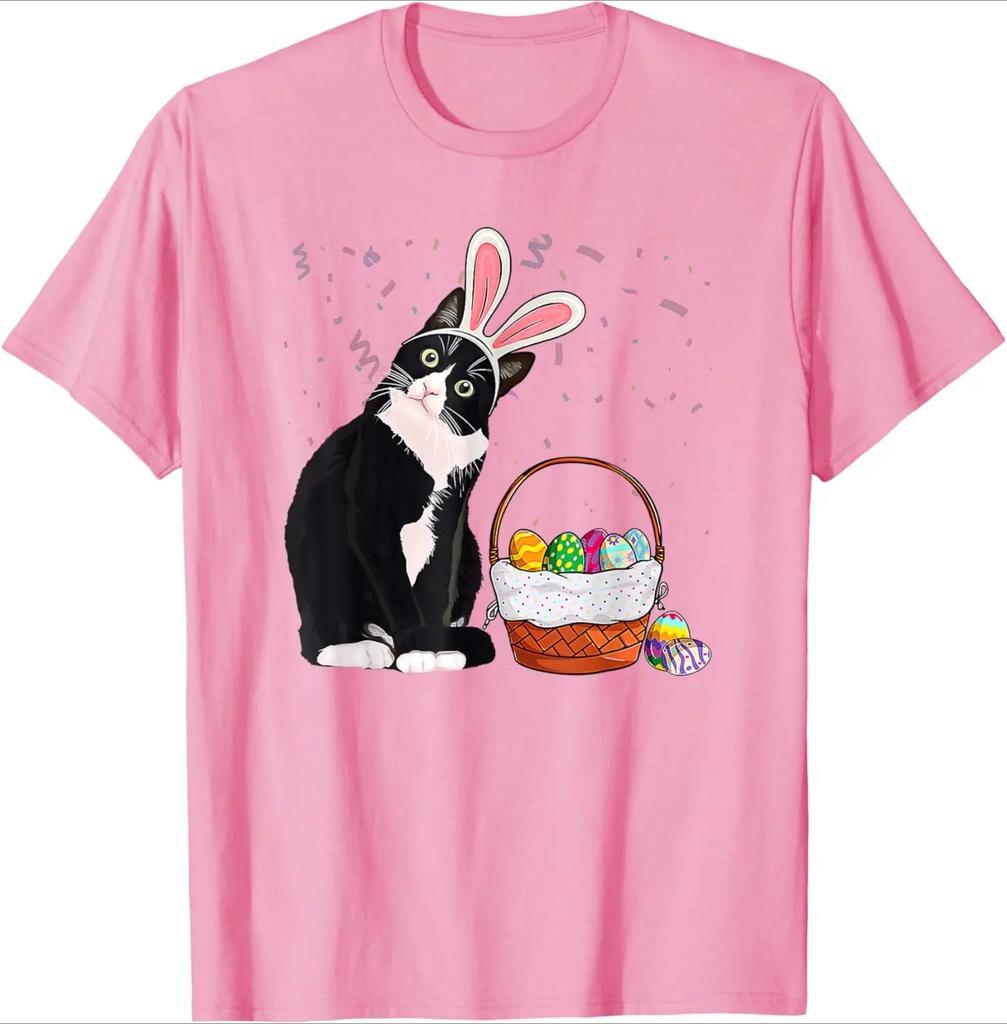 Cat Bunny Ears Easter Basket Graphic Shirts Casual Women Crewneck TShirt for Unisex Women Cute Cat Printed Tops Vintage Y2k Tee