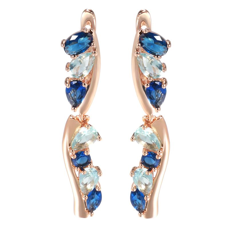 Luxury Blue Natural Zircon Drop Earrings For Women Trendy Rose Gold Color Bride Earrings Vintage Wedding Jewelry