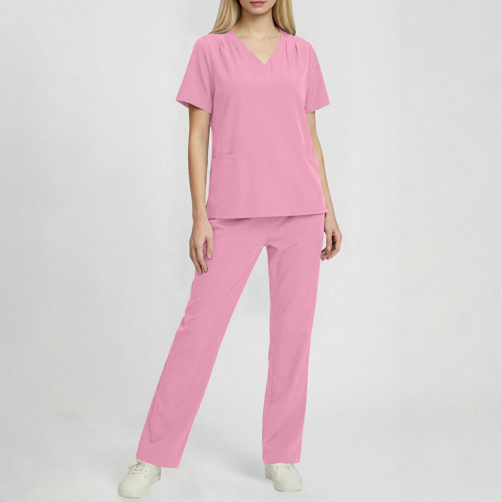 Mode Femme - Ensemble de Travail à Manches Courtes et Col en V de Couleur avec Poche