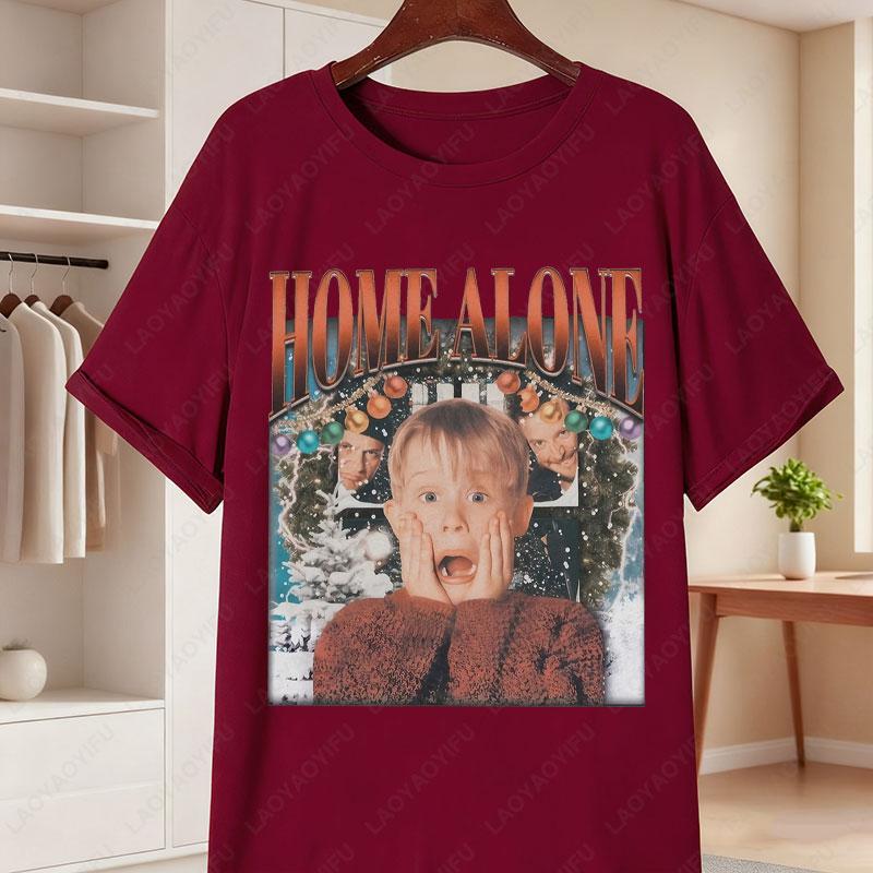 Fun Home Alone TShirt Kevin McCallister Wet Bandits Black Casual Round Neck Tees Nostalgic 90s Film Apparel Women Cotton Tops