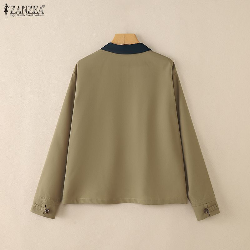 ZANZEA Women Splice Turn Down Collar Casual Long Sleeve Blouse