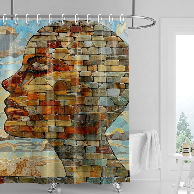 Marble Textured Shower Curtain-Classic Bust Sculpture with Crack Stone Effect, Waterproof Art Bathroom Decoration