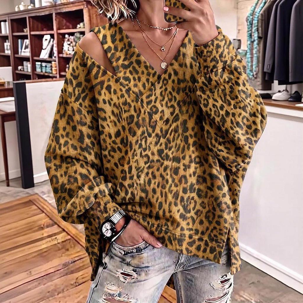 Damen Freizeit Sweatshirt mit Leopardenmuster, V-Ausschnitt, langen Ärmeln, lockerem Schnitt und One-Shoulder-Ausschnitt