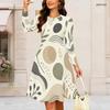 Women Plus Size Round Neck Long Sleeve Gathered Waist Printed A Line Flared Dress